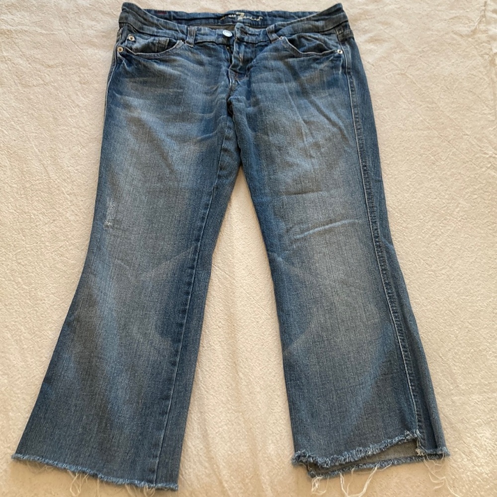 7FAM crop flare raw hem light wash jeans, low rise, size 27